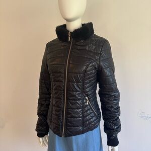 Guess  Women's Faux Fur Trim Jacket Black Shiny Winter/Fall Packable Coat Size M